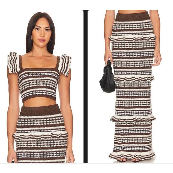 Tularosa Dresses & Skirts - Tularosa Kaely Brown Ivory Knit Square Neck Crop Top Maxi Skirt Set S
